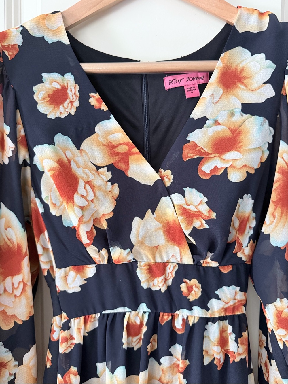 Betsey Johnson Bambi navy blue Chiffon Dress Floral Fairy Ruffles Bell Sleeves